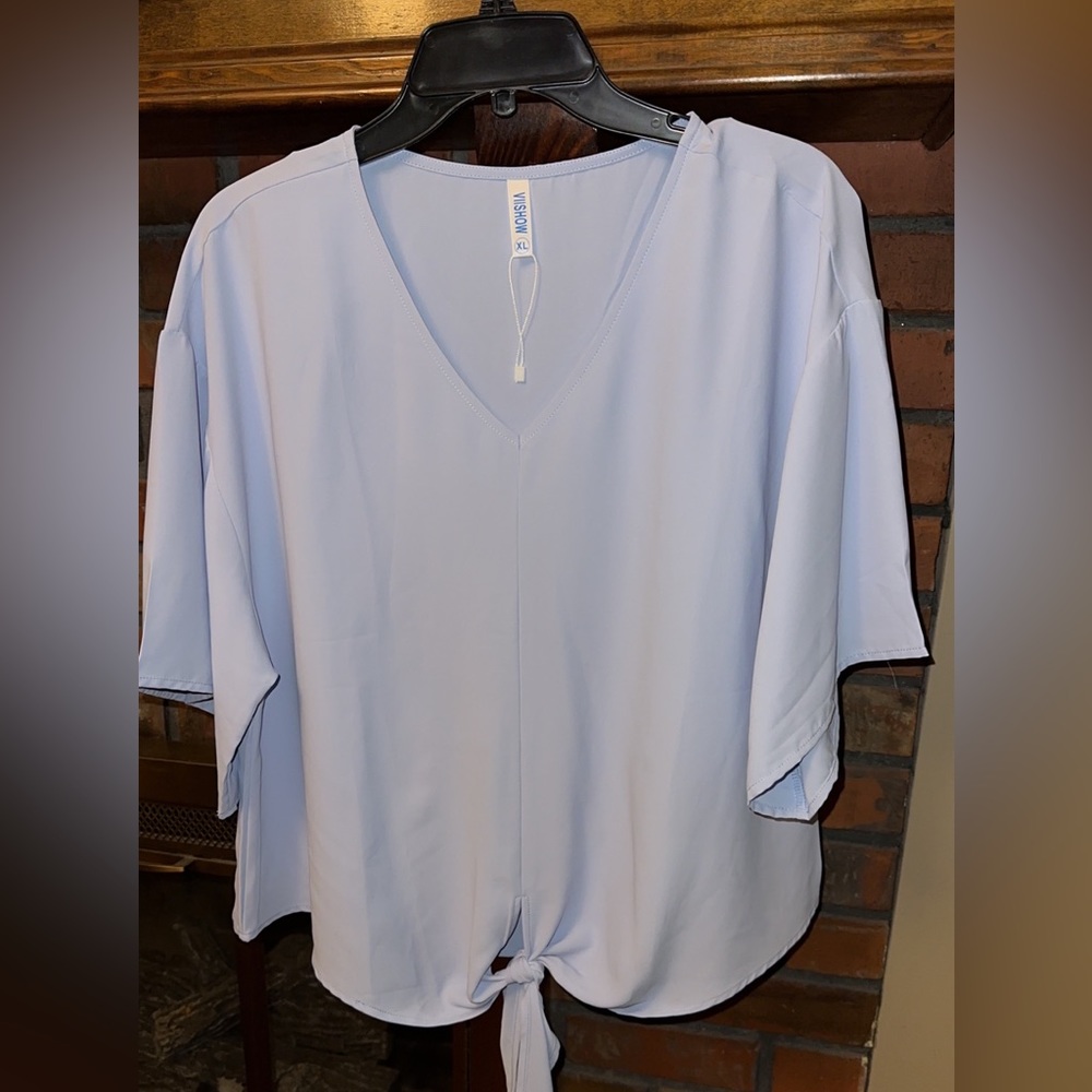 Amazon Women's Light Blue Tie-Front Blouse - Picture 5 of 8